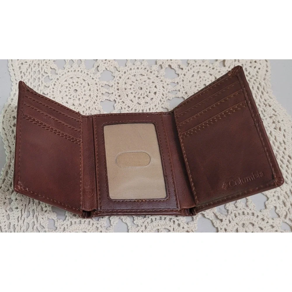 Columbia Mens Trifold Genuine Coated Leather Wallet Brown RFID Security Wallet